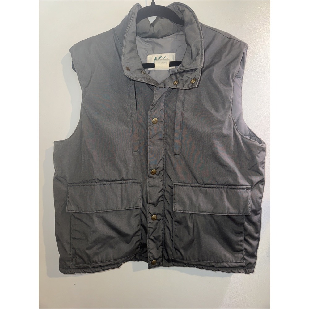 Vtg REI Mens L Gray Puffer Vest Snap Front Mountain Logo Outdoor Hiking Camping